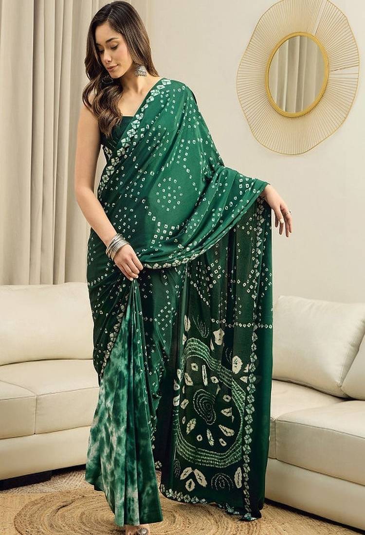 Bandhani printed pure crepe ready to wear saree with unstitched blouse