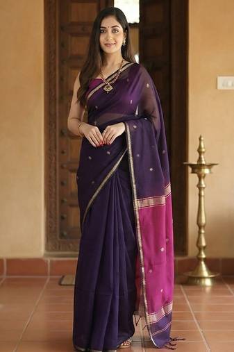 purple art silk banarasi saree with ethnic woven motifs
