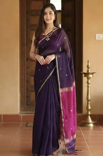 purple art silk banarasi saree with ethnic woven motifs