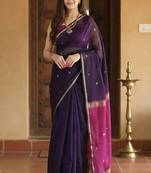 purple art silk banarasi saree with ethnic woven motifs