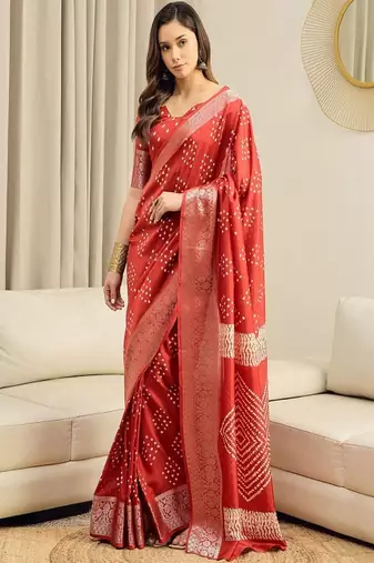 Bandhani printed sungudi ready to wear saree with unstitched blouse