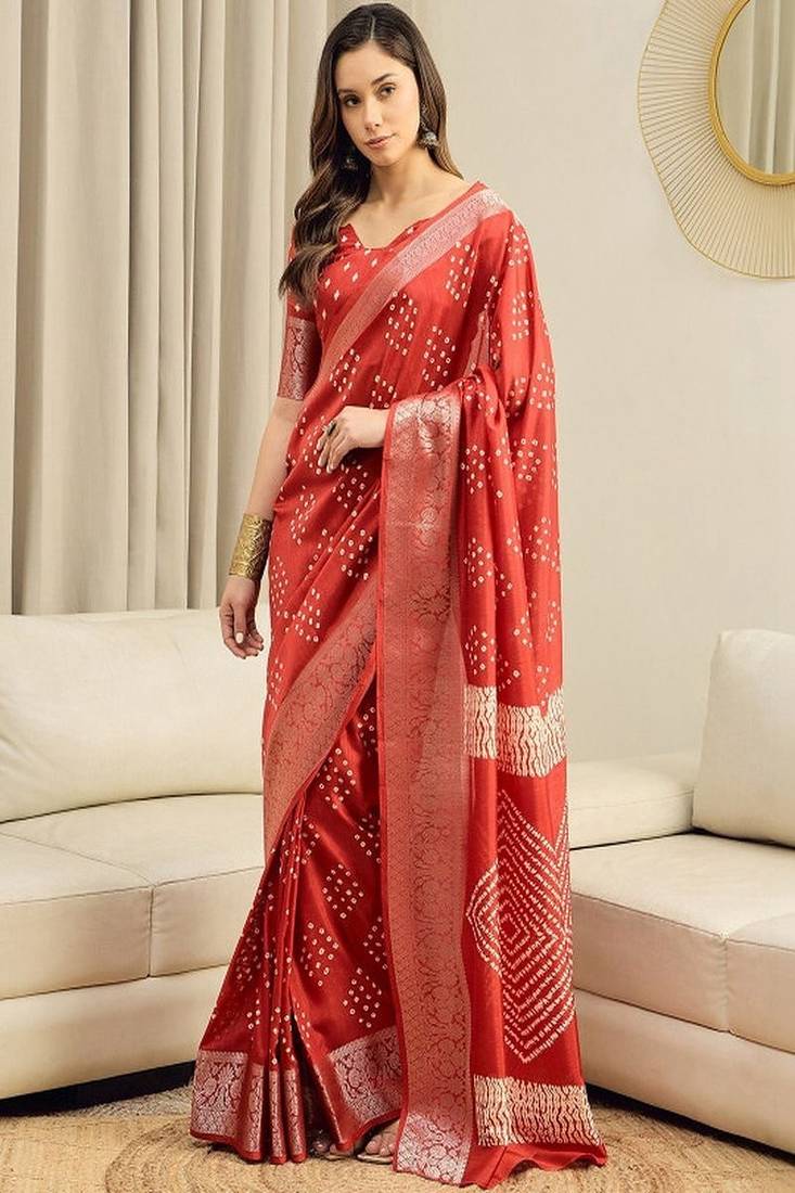 Bandhani printed sungudi ready to wear saree with unstitched blouse