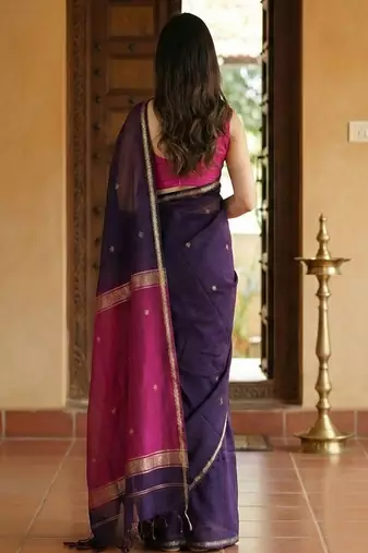 purple art silk banarasi saree with ethnic woven motifs