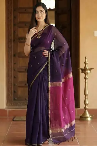 purple art silk banarasi saree with ethnic woven motifs