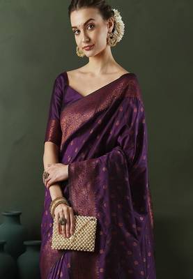 purple art silk banarasi saree with woven design work 1