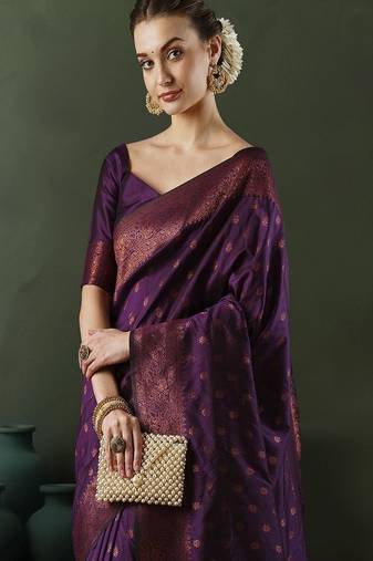 purple art silk banarasi saree with woven design work