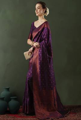 purple art silk banarasi saree with woven design work 3