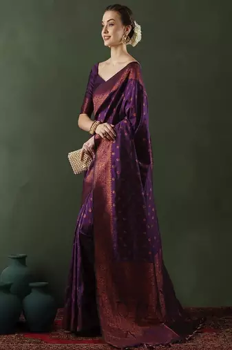 purple art silk banarasi saree with woven design work