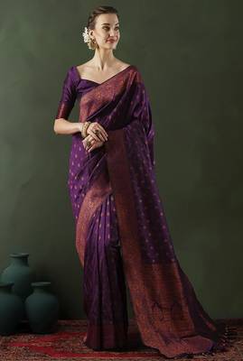 purple art silk banarasi saree with woven design work 4