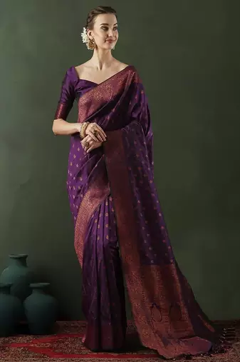 purple art silk banarasi saree with woven design work