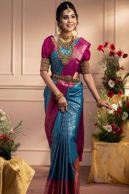 blue art silk kanjeevaram saree with woven design work 1