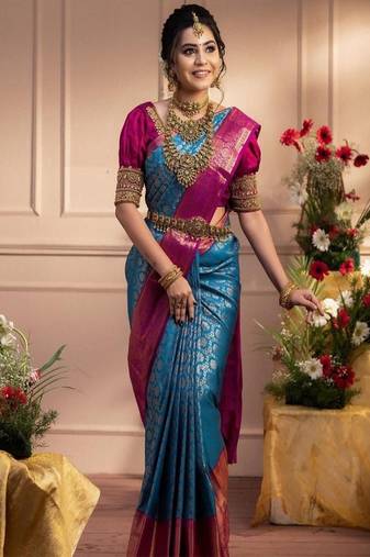 blue art silk kanjeevaram saree with woven design work