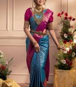 blue art silk kanjeevaram saree with woven design work
