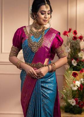 blue art silk kanjeevaram saree with woven design work 2