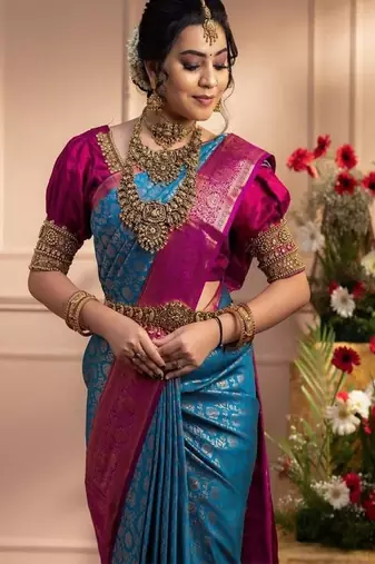 blue art silk kanjeevaram saree with woven design work