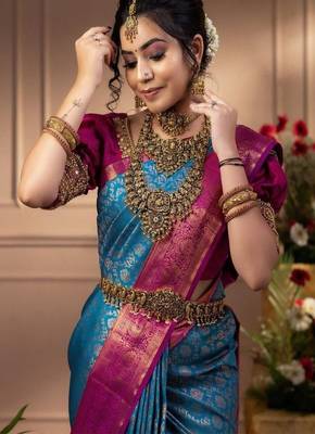 blue art silk kanjeevaram saree with woven design work 3