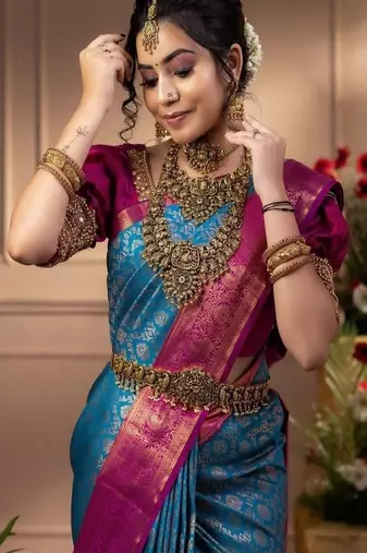 blue art silk kanjeevaram saree with woven design work
