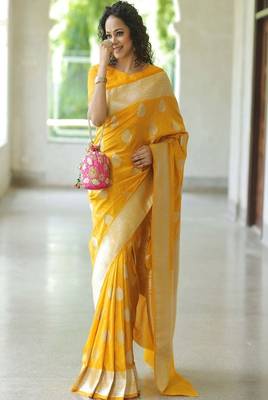 yellow art silk kanjeevaram saree with woven zari design 1
