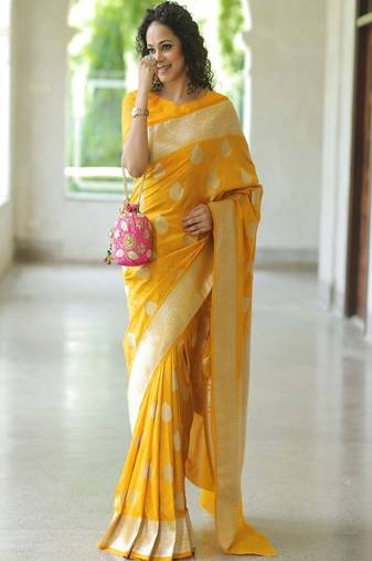 yellow art silk kanjeevaram saree with woven zari design