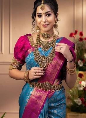 blue art silk kanjeevaram saree with woven design work 4