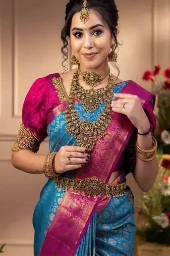 blue art silk kanjeevaram saree with woven design work