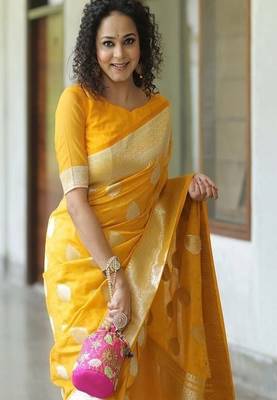yellow art silk kanjeevaram saree with woven zari design 3