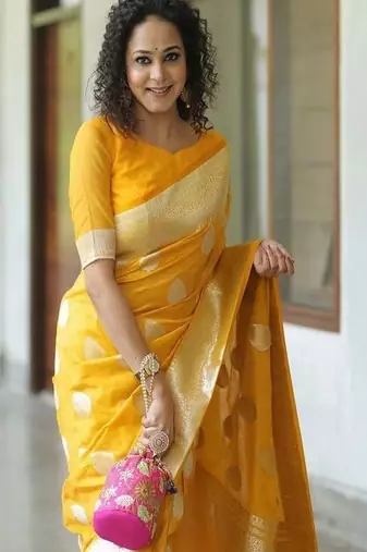 yellow art silk kanjeevaram saree with woven zari design