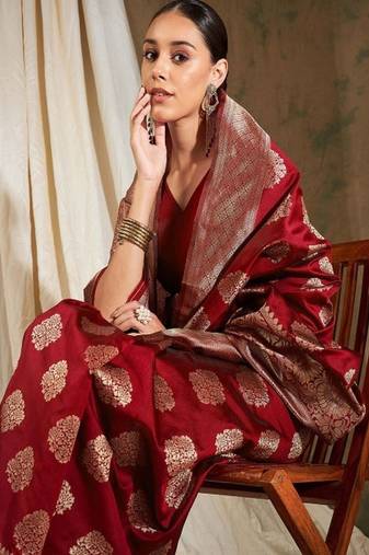 red art silk banarasi saree with woven ethnic motifs