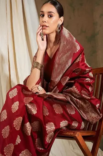 Red ethnic motifs woven design zari banarasi saree