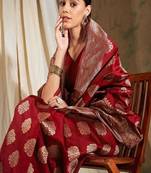 red art silk banarasi saree with woven ethnic motifs