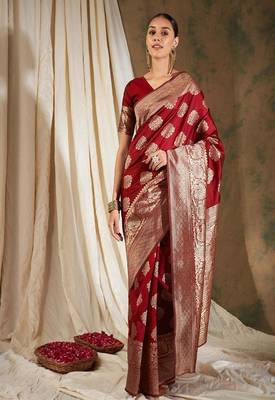 red art silk banarasi saree with woven ethnic motifs 2