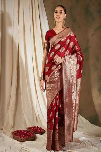 red art silk banarasi saree with woven ethnic motifs