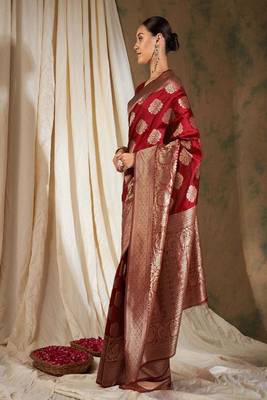 red art silk banarasi saree with woven ethnic motifs 3