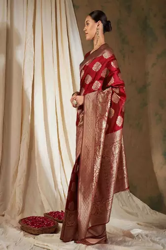 red art silk banarasi saree with woven ethnic motifs