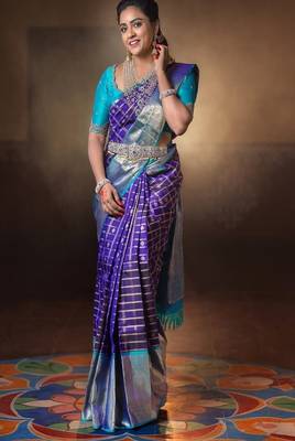 blue art silk kanjeevaram saree with checked woven design 1