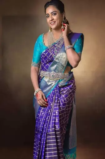 blue art silk kanjeevaram saree with checked woven design