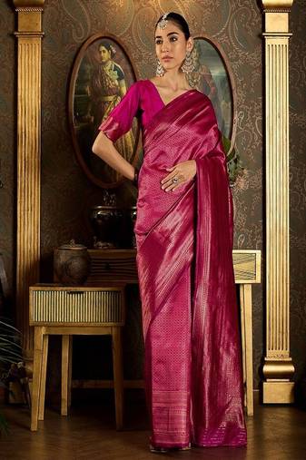 pink art silk banarasi saree with woven ethnic design