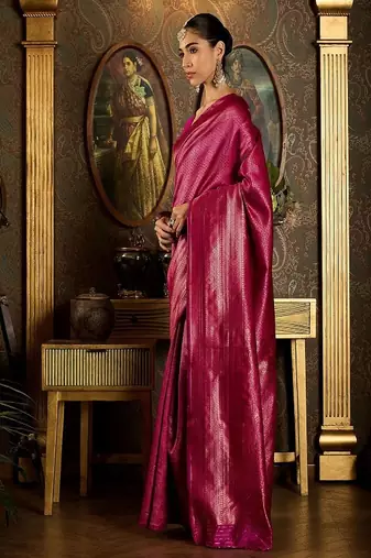 pink art silk banarasi saree with woven ethnic design