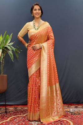 orange art silk banarasi saree with woven zari design 1