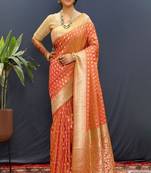 orange art silk banarasi saree with woven zari design