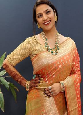 orange art silk banarasi saree with woven zari design 2