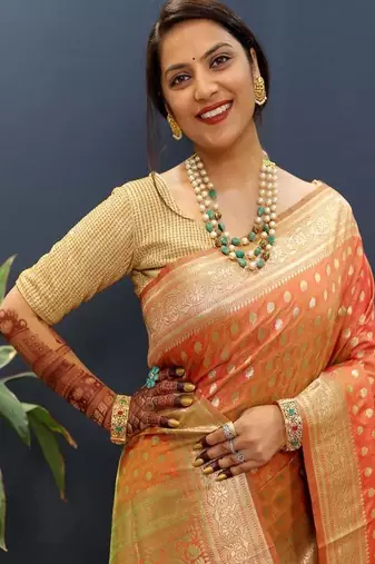 orange art silk banarasi saree with woven zari design