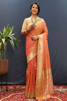 orange art silk banarasi saree with woven zari design 3