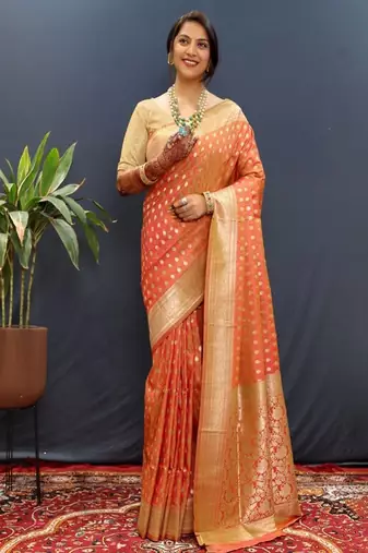 orange art silk banarasi saree with woven zari design