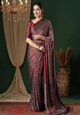 Ethnic motifs ajrak pure crepe saree with blouse piece 1