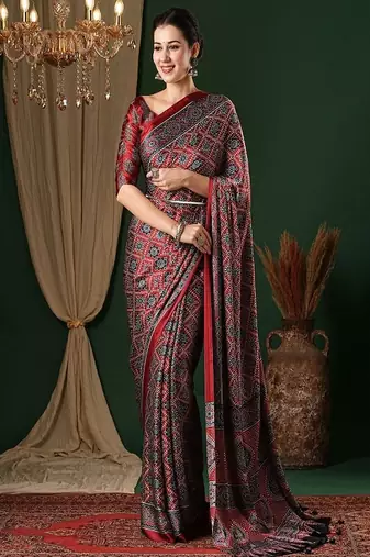 Ethnic motifs ajrak pure crepe saree with blouse piece