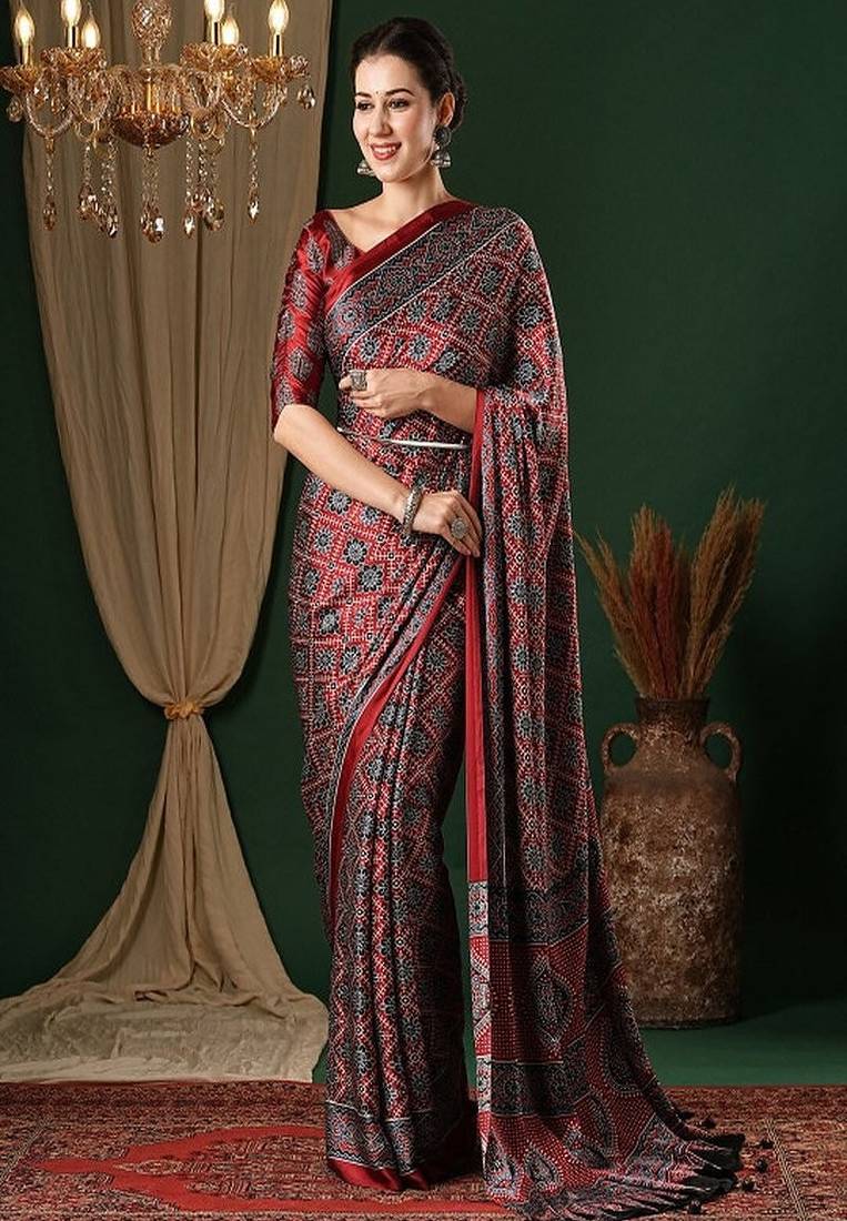 Ethnic motifs ajrak pure crepe saree with blouse piece