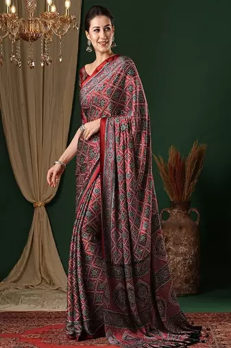 Ethnic motifs ajrak pure crepe saree with blouse piece