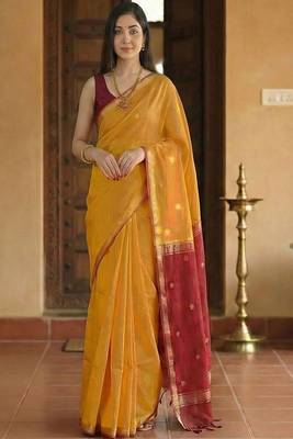 yellow cotton kanjeevaram saree with woven zari design 1