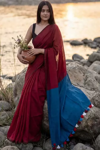 Colourblocked pure cotton khadi saree